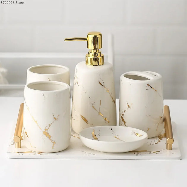 Ceramic Toiletries Bathroom Set Marble Porcelain Cup Toothbrush Holder / Soap Dispenser / Tray Bathroom Decoration Accessories