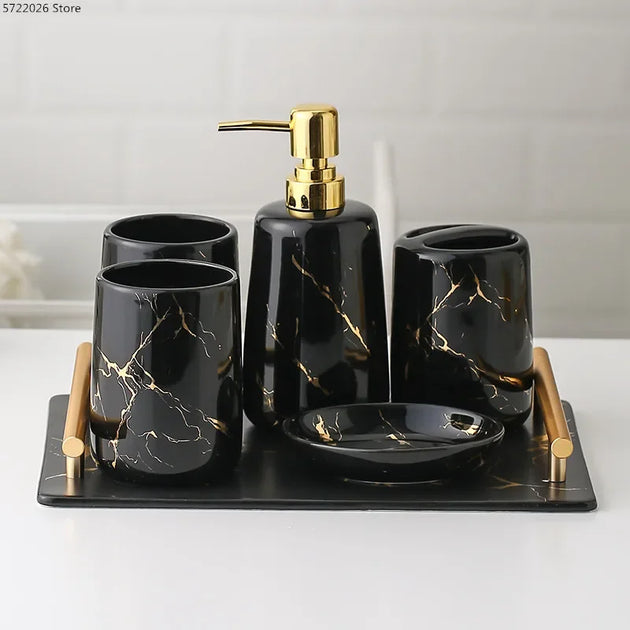 Ceramic Toiletries Bathroom Set Marble Porcelain Cup Toothbrush Holder / Soap Dispenser / Tray Bathroom Decoration Accessories