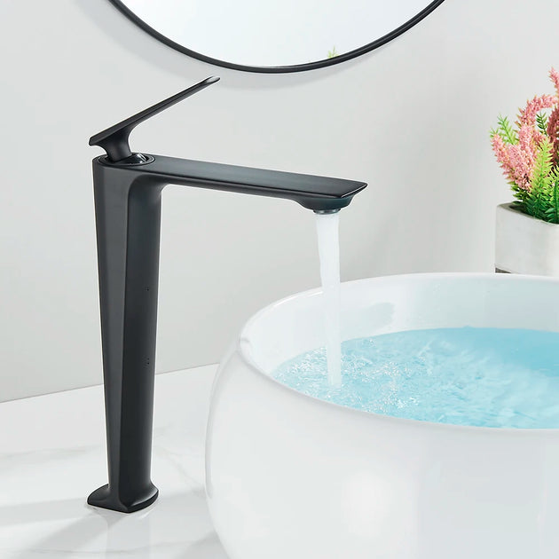Black Tall Basin Brass Sink Faucet Bathroom Mixer Tap Single Handle Hot Cold Water Deck Mounted Vanity Sink Faucet